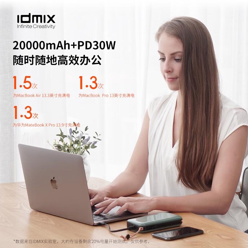 IDMIX 氮化鎵充電寶PD65W快充帶插頭 20000毫安時大容量移動電源30W輸出